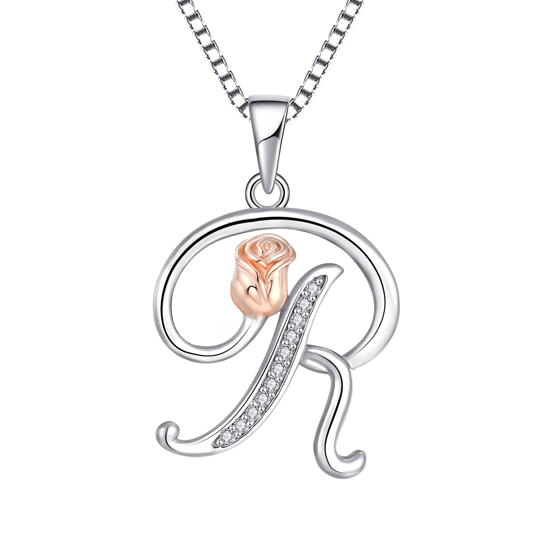 starchenie Alphabet Rose necklace Letter R Necklace Zirconia Pendant 925 Sterling Silver Necklace for Women