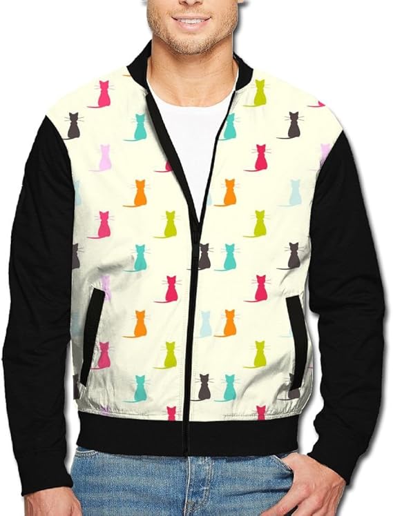RmaUa colorful Cats Pattern Mens Slim Fit Long Sleeve Lightweight Zip