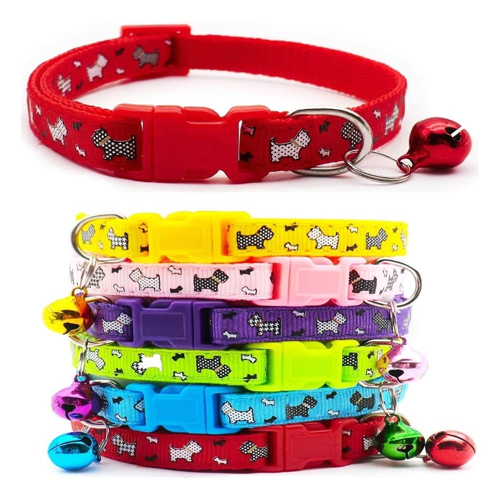 Small Dog Puppy Pet Collar Scotty Dogprint Design with Bell Nylon Adjustable Size 19-32cm Red