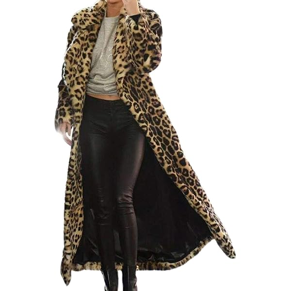 Womens Trendy Leopard Overcoat Ultra Long and Tall Faux Fur Coat