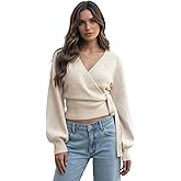 Lomehue Women V Neck Wrap Sweater Cinched Waist Top Tie Cardigan Knit Cropped Sweaters Cute Going Out Sexy Casual Outfits