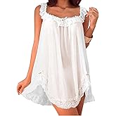 Foxiny Sexy Bows Split Side Ruffle Lace Mesh Sheer Babydoll Lingerie Dress Nightgown Set with Thong 2 Piece