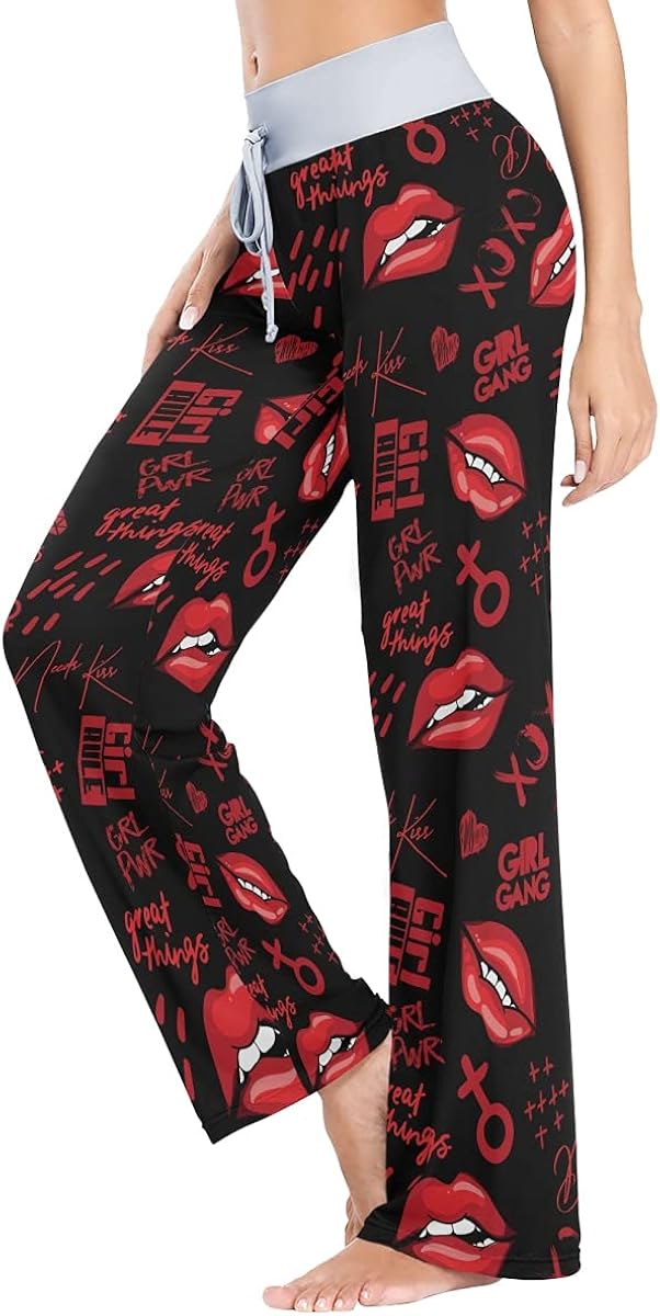 Fashion Pattern Red Lips Kiss Lips and Hearts Women's Pajama Pants