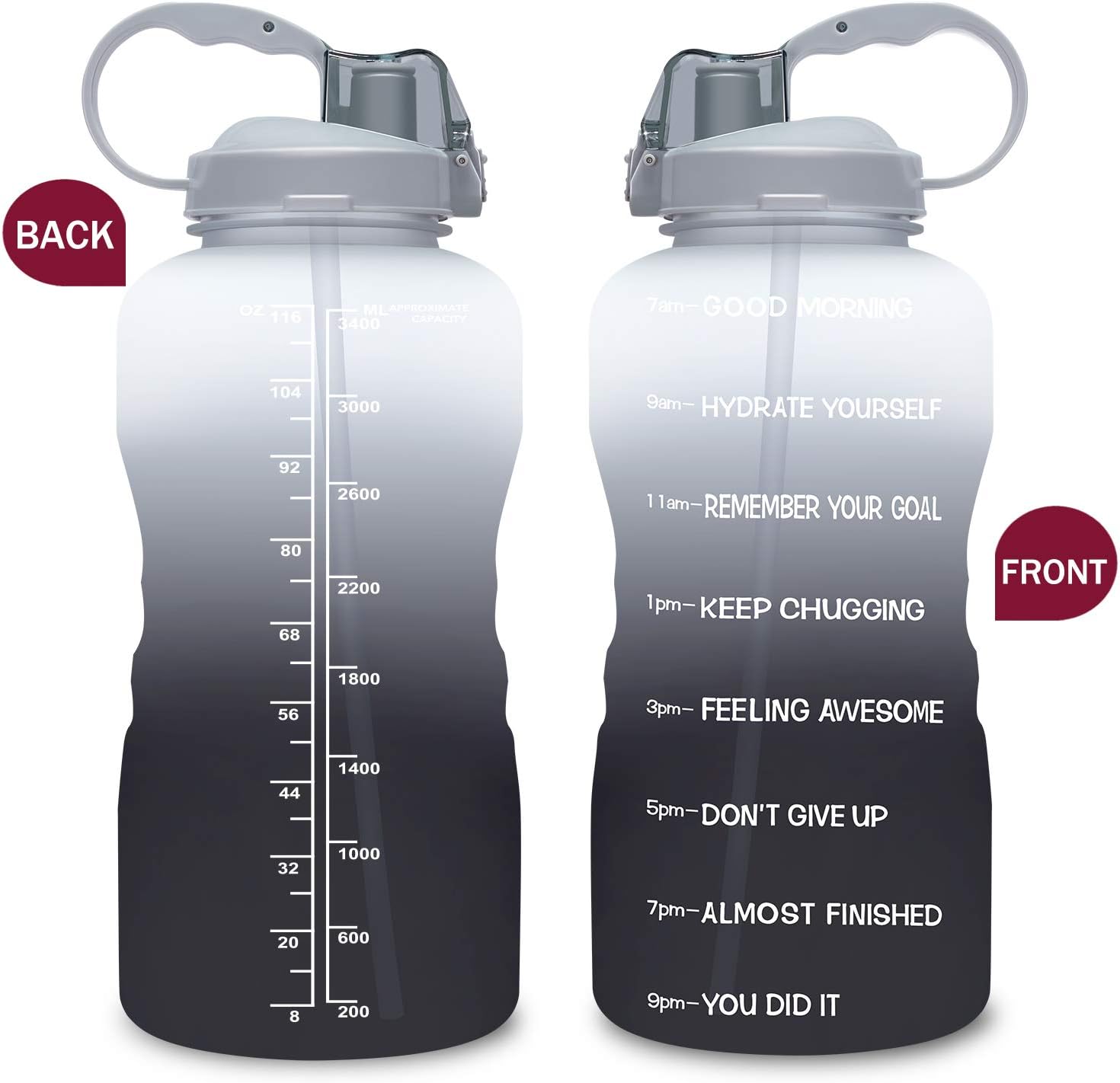 Giotto Large 1 Gallon/128oz (When Full) Motivational Water Bottle with Time Marker & Straw, Leakproof Tritan BPA Free for Fitness, Gym and Outdoor Sports-White/Gray Gradient : Sports & Outdoors