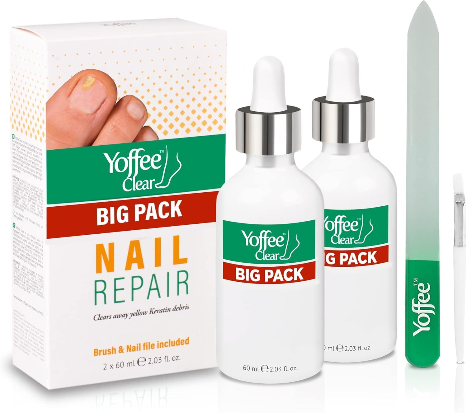Yoffee Clear Nail Care Kit - Fungal Nail Treatment for Finger and Toe Nail - Antibacterial Nail Repair, Antiseptic - Antifungal with Organic Argan Oil, Tea Tree Oil/Made in Spain - 2 x 60ml