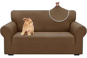 XINEAGE New 1 Piece Couch Covers for 2 Cushion (55"-69") Stretch Loveseat Sofa Cover Slipcover Jacquard Universal Furniture Protector with Elastic Bottom for Kids,Dog (Loveseat, Brown)