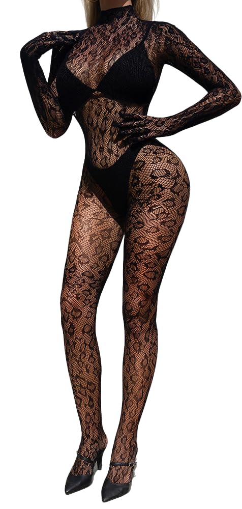 Sniff Rose Women's Fishnet Lingerie Women's Mesh Bodysuit Bodystocking with Leopard Print Tights Jumpsuit Underwear Nightwear (Black)