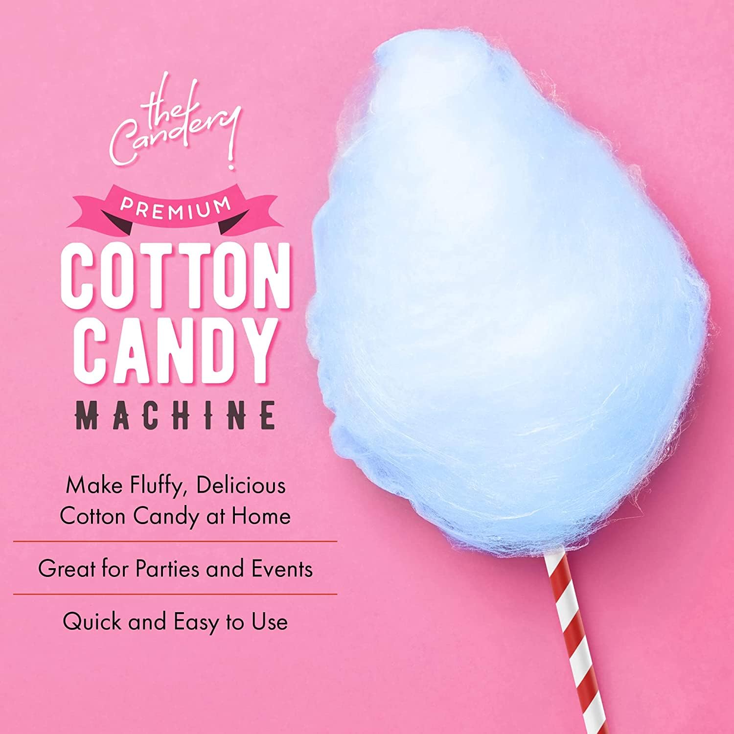 The Candery Cotton Candy Machine with Stainless Steel Bowl 2.0 and Floss Bundle- Use to Floss Sugar Floss Candy for Birthday Parties Fairs - Includes 3 Floss Sugar Flavors 12oz Jars and 50 Paper Cones
