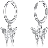 SLUYNZ Solid 925 Sterling Silver Butterfly Earrings Hoop for Womens CZ Butterfly Hoop Earrings Drop Huggie Earrings