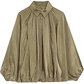 WOWULOVELY Women's Puffed Bomber Jacket Oversized Lapel Collar Streetwear Coat Long Casual Batwing Sleeve Zip Pleated Shirts
