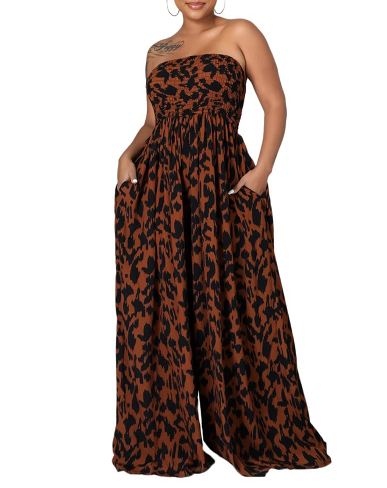 Strapless Smocked Wide-Leg Jumpsuit 1-Piece Outfit