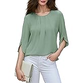 Mettclasi Women's Crewneck Summer Chiffon Blouse, 3/4 Sleeve Dressy Casual Shirt Top