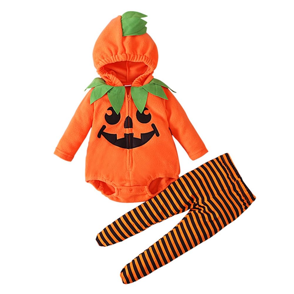 Miyanuby Newborn Baby Boy Girl Halloween Pumpkin Costume Toddler Cute Hooded Romper Pumpkins Cosplay Tops+Striped Pants Infant Clothes Outfit
