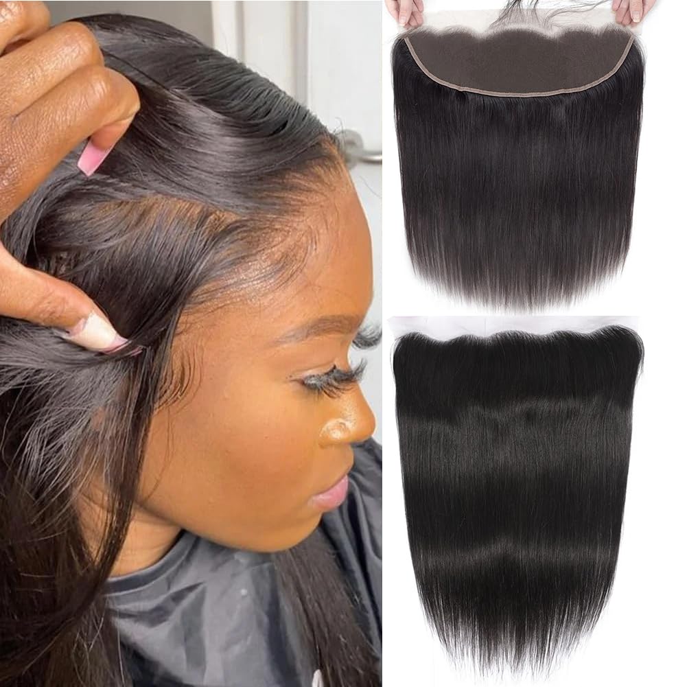 HEFABRIGHT Human Hair HD Lace Frontal 13X4 Lace Closure Straight Wave Virgin Human Hair 13X4 Lace Frontal 150 Density Free Part Pre Plucked Hairline Baby Hair Around Natural Black 12 Inch — image 1