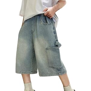 Boys Jean Shorts Baggy Elastic High Waist Wide Leg Denim Shorts Teen Summer Casual Loose Fit Knee Length Jorts with