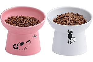 TAMAYKIM Tilted Ceramic Raised Cat Bowls, 8 OZ Food and Water Bowls Set for Kitty, 5 in Porcelain Elevated Stress Free Feeding Pet Dish, Dishwasher and Microwave Safe (White & Pink)