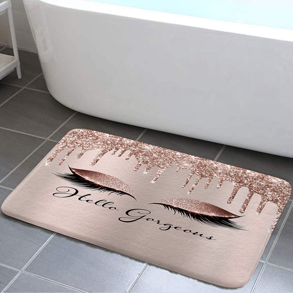 Photo 1 of Hello Gorgeous Bath Rug, Unicorn Eyelash Pink Grey Rose Gold Drips Non Slip Bath Mats, Teen Girls Woman Bath Rug Sets for Bathroom Bedroom Kitchen Outdoor Indoor,17x29 Inch