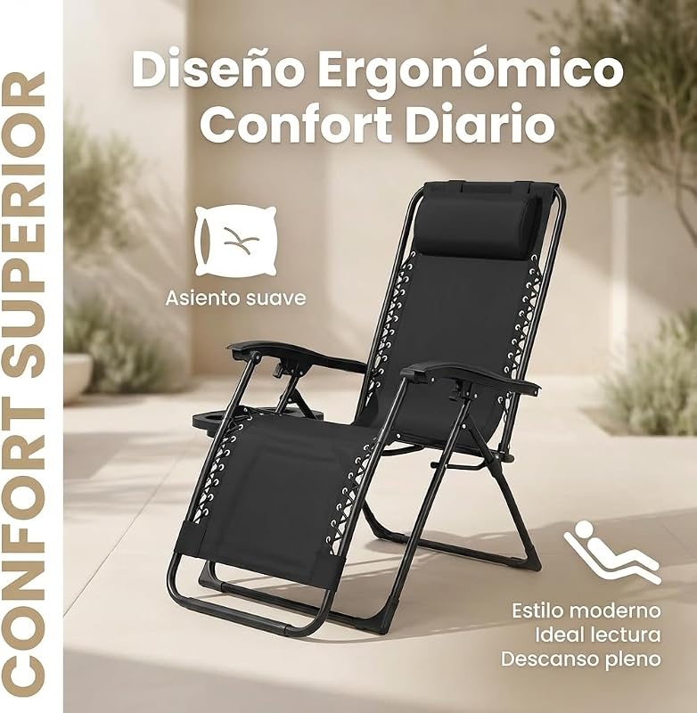 Espreguiçadeira Exterior Dobrável | Apoio para os Pés & Almofada Ajustável | Bandeja lateral de cadeira reclinável para bebidas, telemóvel e livros | para terraço, campismo, praia, piscina (preto) — foto 2 de 6
