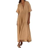R.Vivimos Womens Summer Cotton Flowy Maxi Dress Short Sleeve V Neck Empire Waist Boho Tiered Ruffle Casual Loose Long Dresses