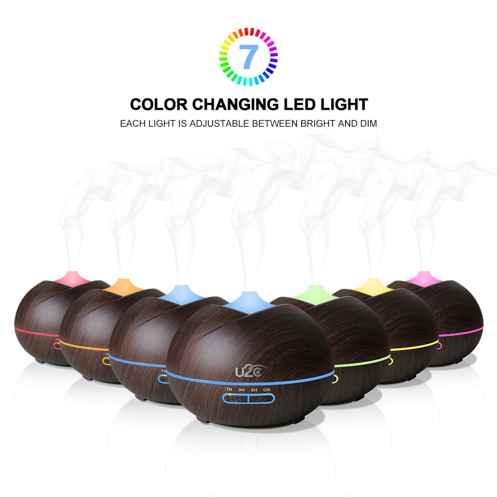 U2C Essential Oil Diffuser, 【450ml Aroma Diffuser Wood Grain】 Ultrasonic Aroma Diffuser Cool Mist Humidifier with Low Water Auto Shut-Off, 7 Color LED for Office Home Bedroom Study