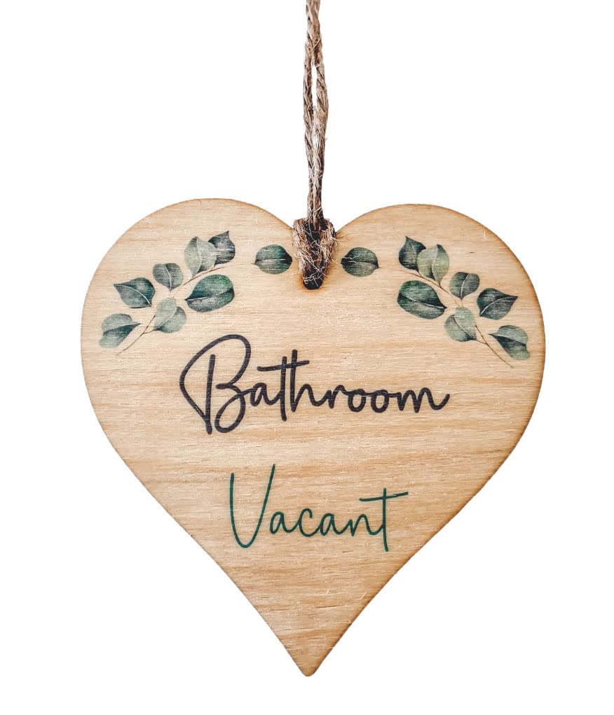 Engaged Vacant Double Sided Bathroom Door Sign - Made From Wood - Eucalyptus Design - Heart Shape
