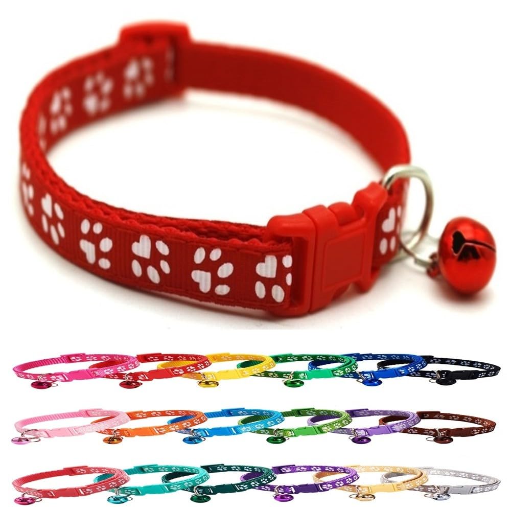 Dog Puppy Pet Small Medium Collar 2 Sizes Pawprint Design with Bell Nylon Adjustable Red S