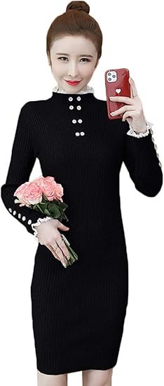 Amazon ｄｍｂｉｎｓｈｕｎ ニット レディース ワンピース 秋冬 ニットワンピース タイト 長袖 ひざ丈 リブニットワンピース ハイネック セーター 体型カバー 着痩せ 黒ワンピース 大きいサイズ ワンピース チュニック 通販