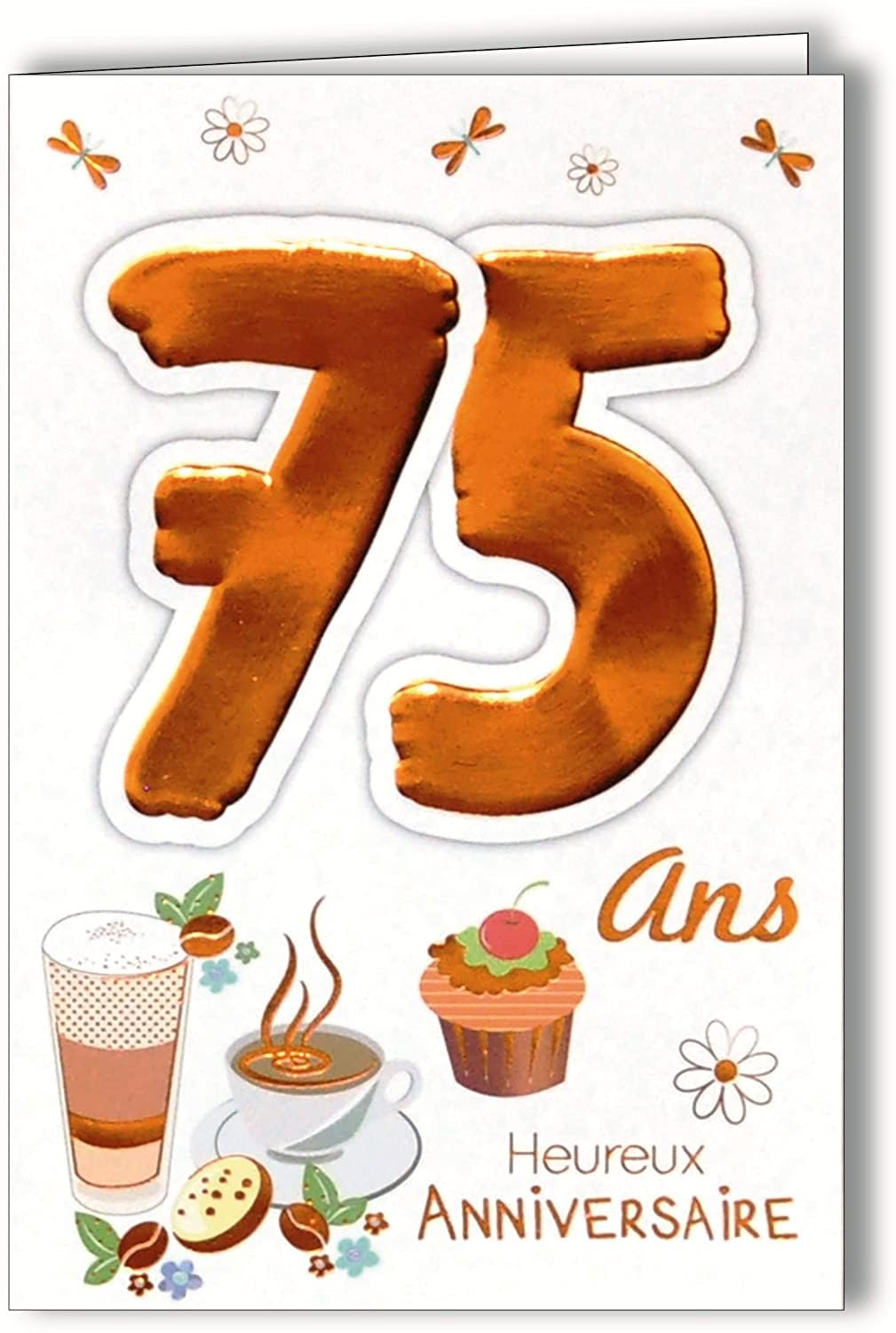 MV 69-2041 Age 75 Birthday Card Man Woman Cupcake Cake Tea Coffee Hot Chocolate