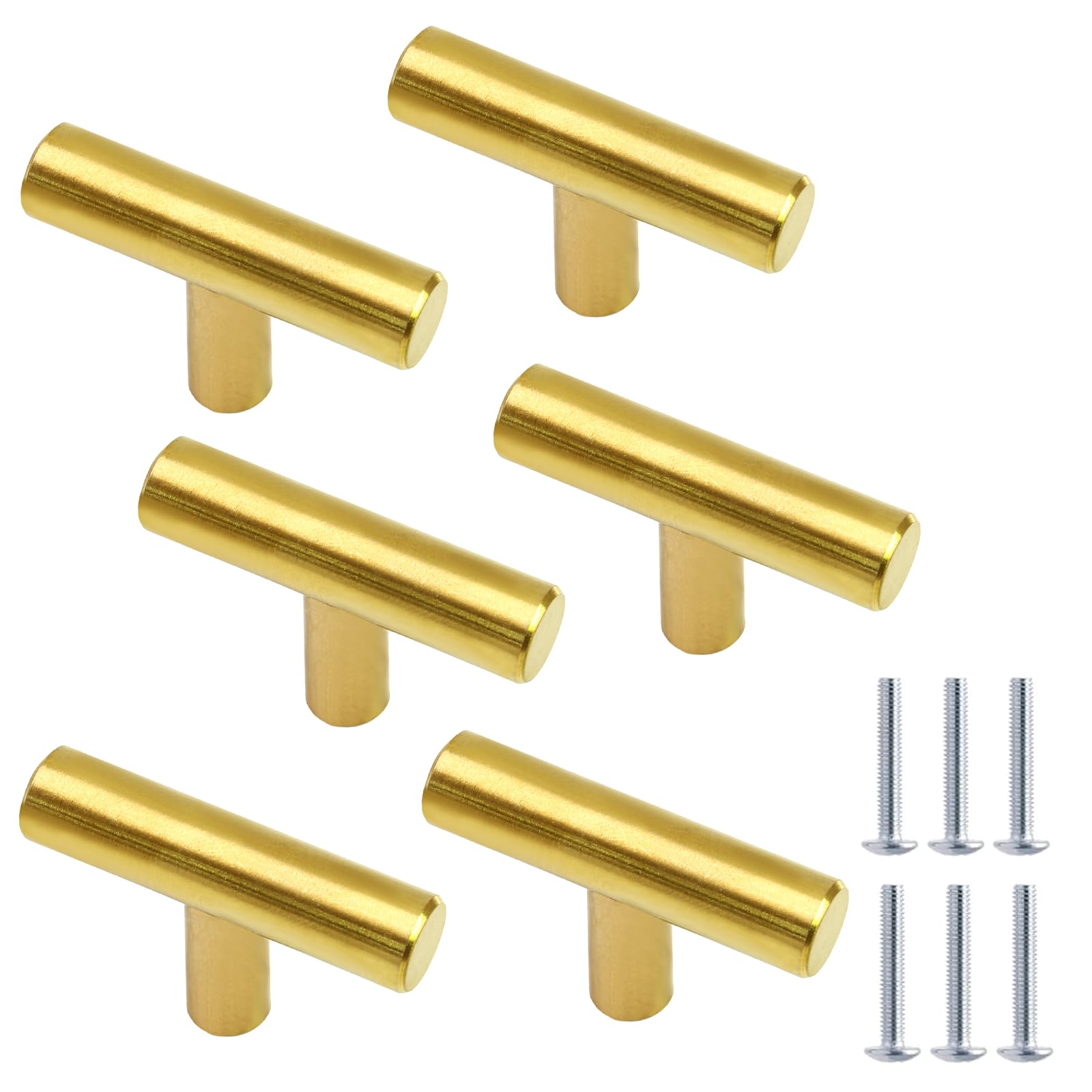 Cjueiom 6 Pack Gold Cupboard Knobs 50mm Length T Bar Handles, Stainless Steel Drawer Knobs Black Cupboard Pull Handles, Wardrobe Door Knobs Kitchen Cabinet Knob for Bedroom Drawer Closet