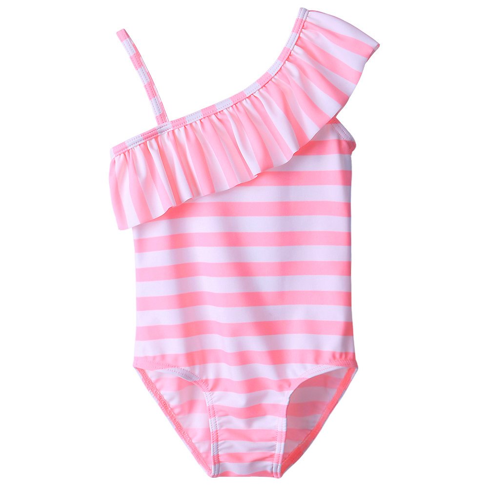 Girl's Athletic One Piece Swimsuit Stripe/Floral Bathing Suit Ruffle Swimwear
