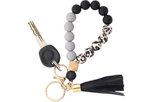 BAOSIWA Silicone Key Ring Bracelet Wristlet Keychain Unique Beaded Bangle Key Chains for Women with Leather Tassel
