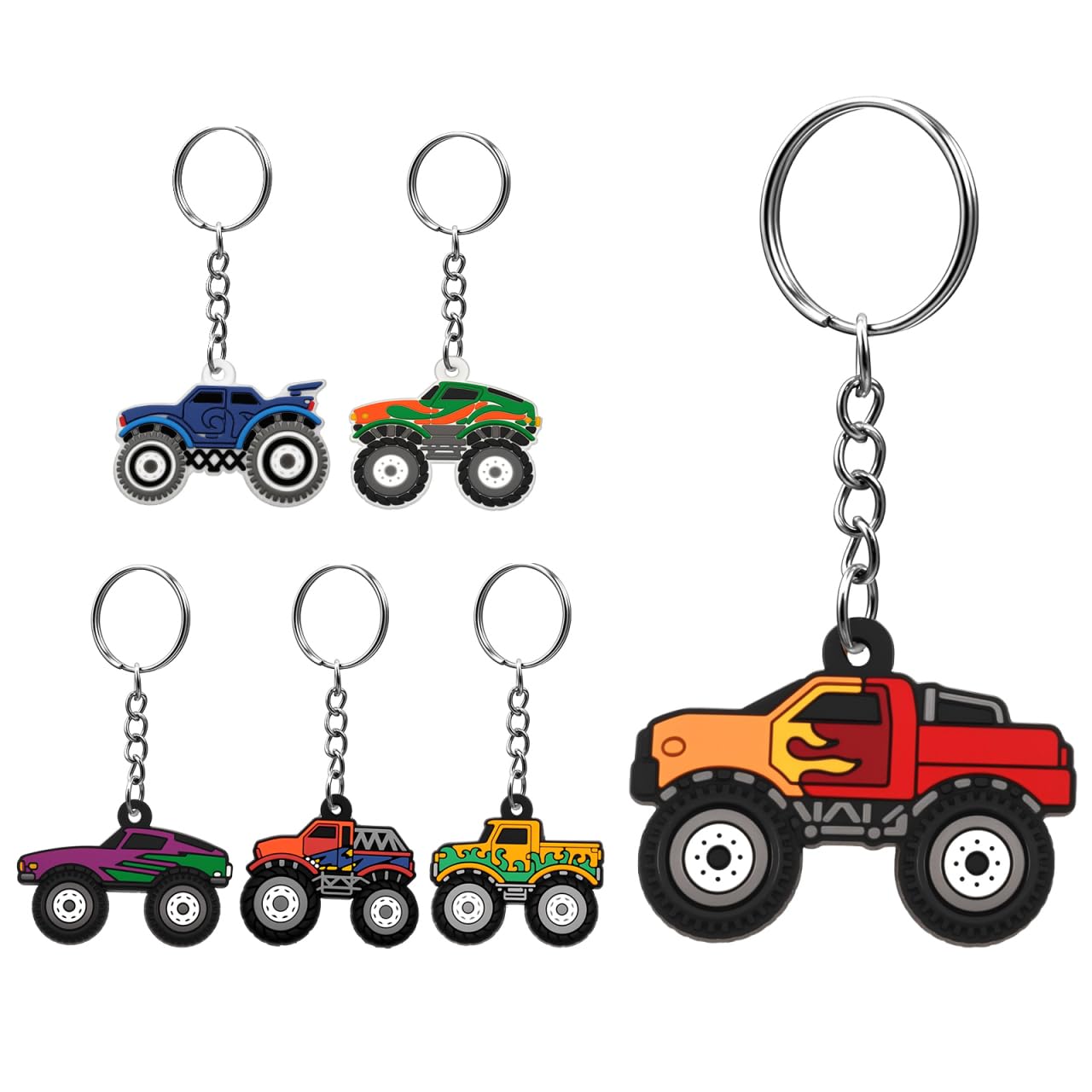 UPKOCH 6Pcs Monster Truck Keyrings for Kids, Cute Cartoon Off-road Vehicle Keychains, Boys Party Bag Fillers, Mini Toy Car Key Chain Accessories for School Backpacks, Rucksacks，Goodie Bags