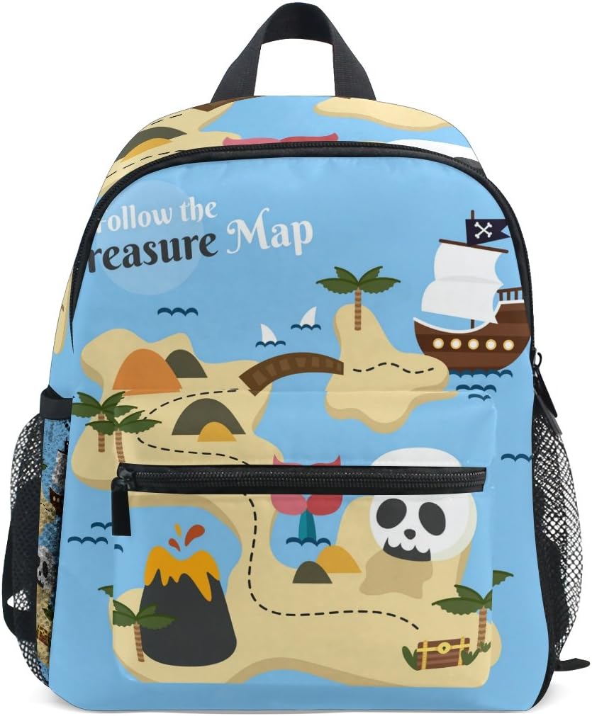 ISAOA Pirate Treasure Map with Skull and Boat Kids Backpack for Kindergarten Toddler Bag with Chest Clip,Nursery Backpack with Chest Clip Preschool