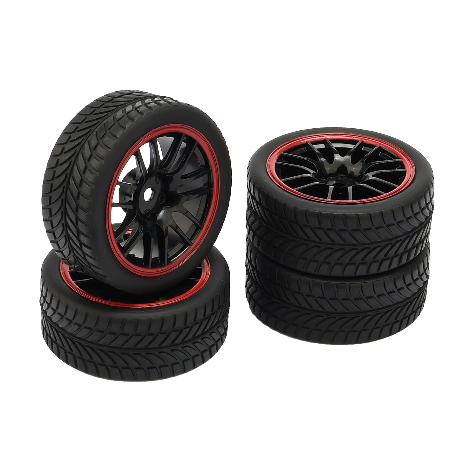 Pxyelec 4 Pack Black RC 1:10 On-Road Racing Car Tires and Rims with 14 Spoke Plastic Hubs and V Tires