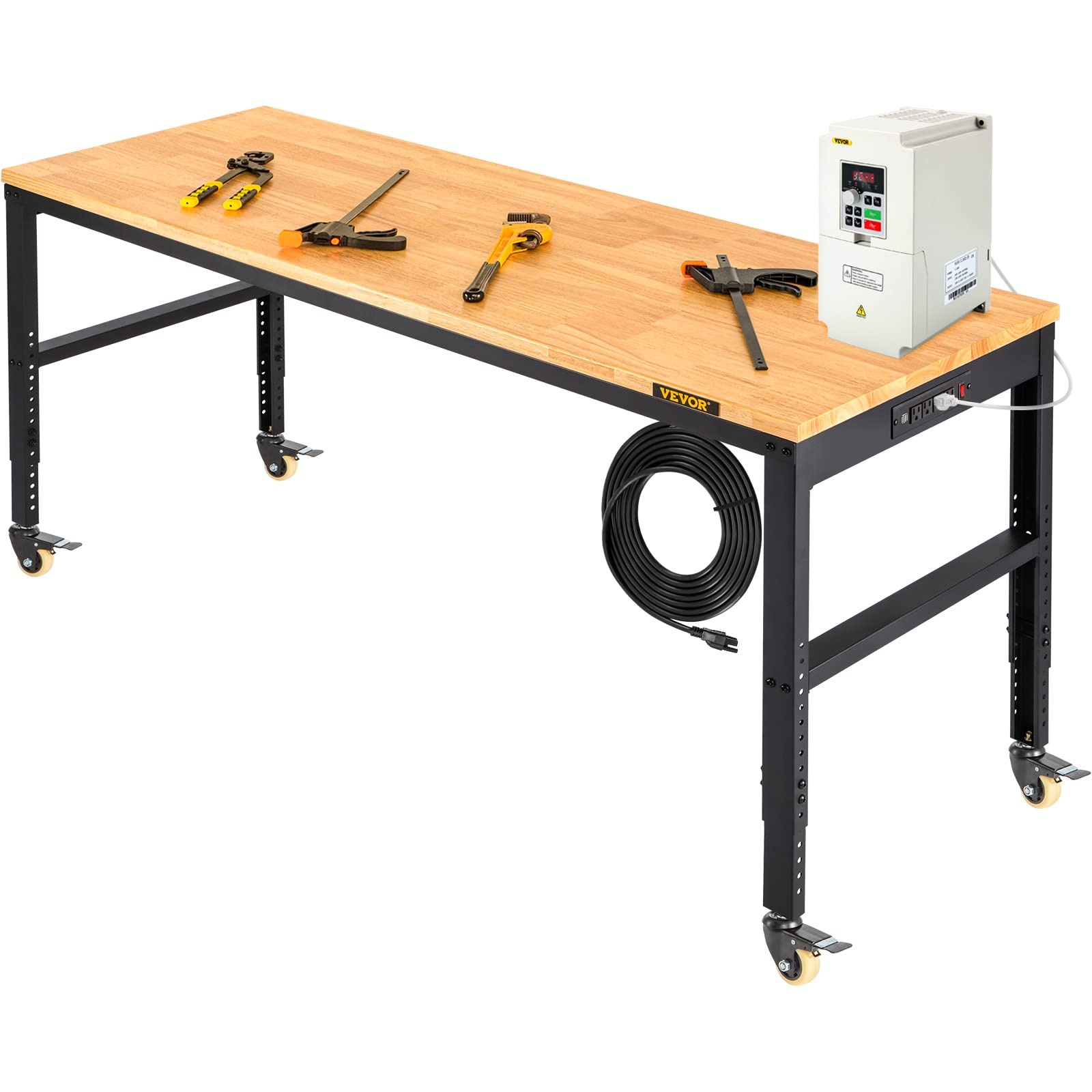 Photo 1 of VEVOR 61" Workbench Adjustable Height, Garage Work Table with 31.3" - 41.3" Heights and 1600 LBS Capacity, Power Outlets & Hardwood Top & Metal Frame & Swivel Casters, for Workshop Office Home Garage