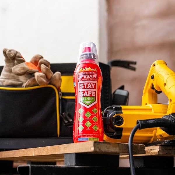 LIFESAFE TECHNOLOGIES STAYSAFE ALL-IN-1 PORTABLE FIRE EXTINGUISHER, COMPACT FIRE SPRAY EASY TO USE ON 10 TYPES OF FIRES, NON-TOXIC & ECO-FRIENDLY