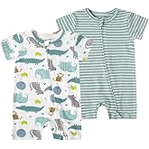 Teach Leanbh Unisex Baby 2 Pack Pajamas Cotton Short Sleeve 2 Way Zipper Printing Soild Romper Jumpsuit Sleep and Play