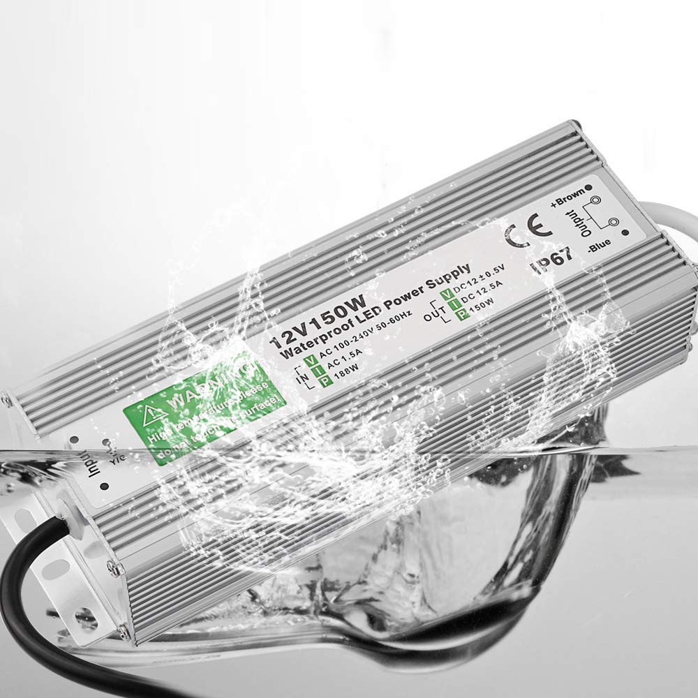 150 Watt LED Power Supply Waterproof IP67 Driver Transformer 120 to 12 Volt DC Output, AC/DC 12V 12.5A Switching Power Supply Low Voltage Lighting LED Driver Transformer