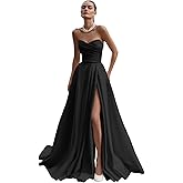 Arsyince Satin Wedding Dresses for Bride Strapless Prom Dresses Long Ruched Ball Gown with Slit ST02