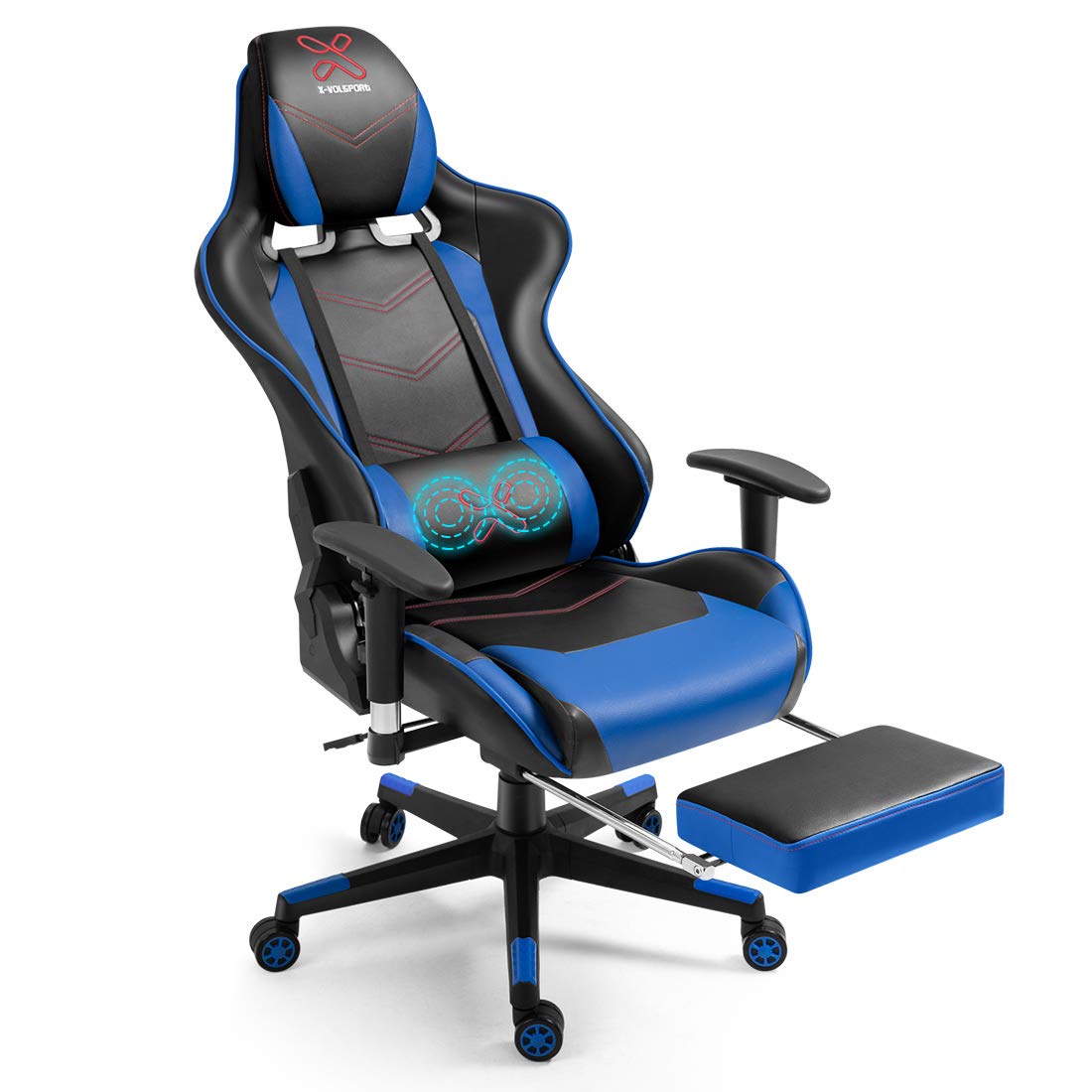 WQSLHX Gaming Chair with Massage and Footrest, Swivel Reclinable Gamer Chair with Armrest, Height Adjustable Computer Chair, Racing Style Office Game Chair for Adults, Blue