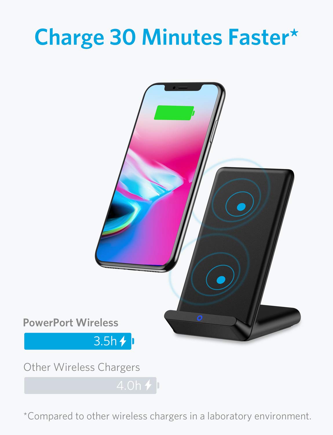 Anker Wireless Charger, Qi-Certified Wireless Charging Stand for iPhone X, iPhone 8/8 Plus, Samsung Galaxy S9/S9+/S8/S8+/S7/Note 8, and More, PowerPort Wireless 5 Stand (No AC Adapter)
