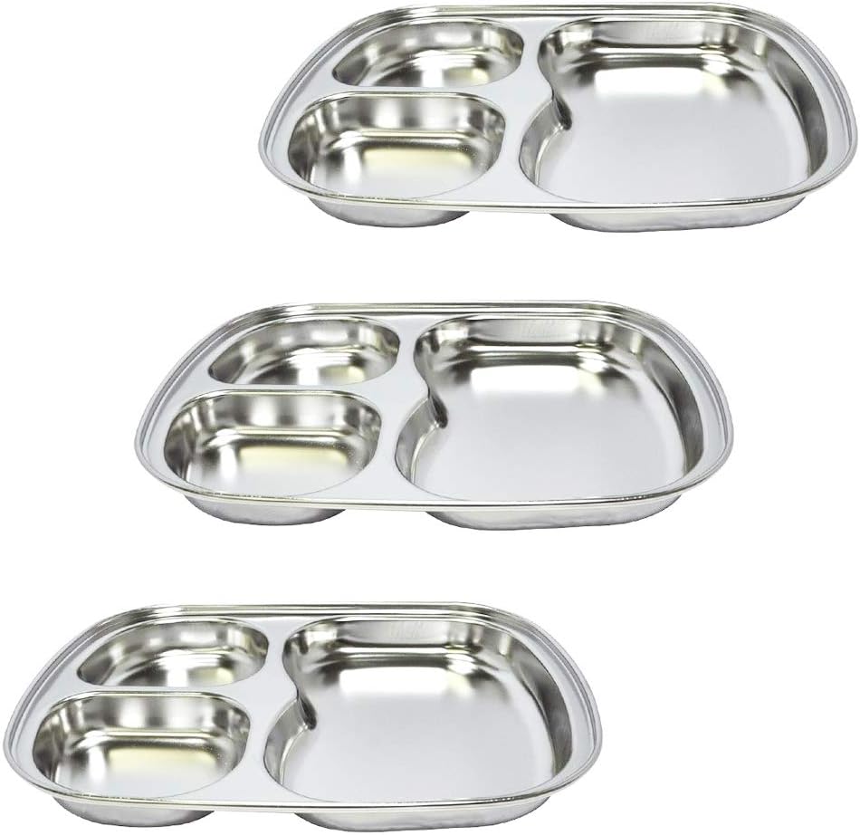 Stainless Steel Divided Tray Divided Dinner Snack Plate Kids Baby Plate Diet Plate Diet Food Control Tray Set (3section rectangularA 3pack)