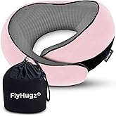 FlyHugz® Neck Travel Pillow | Memory Foam Neck Pillow for Comfort on Airplane | Compact and Ergonomic Design for Travel, Car Rides, and Home Use | Ideal for Adults and Kids (Pink)