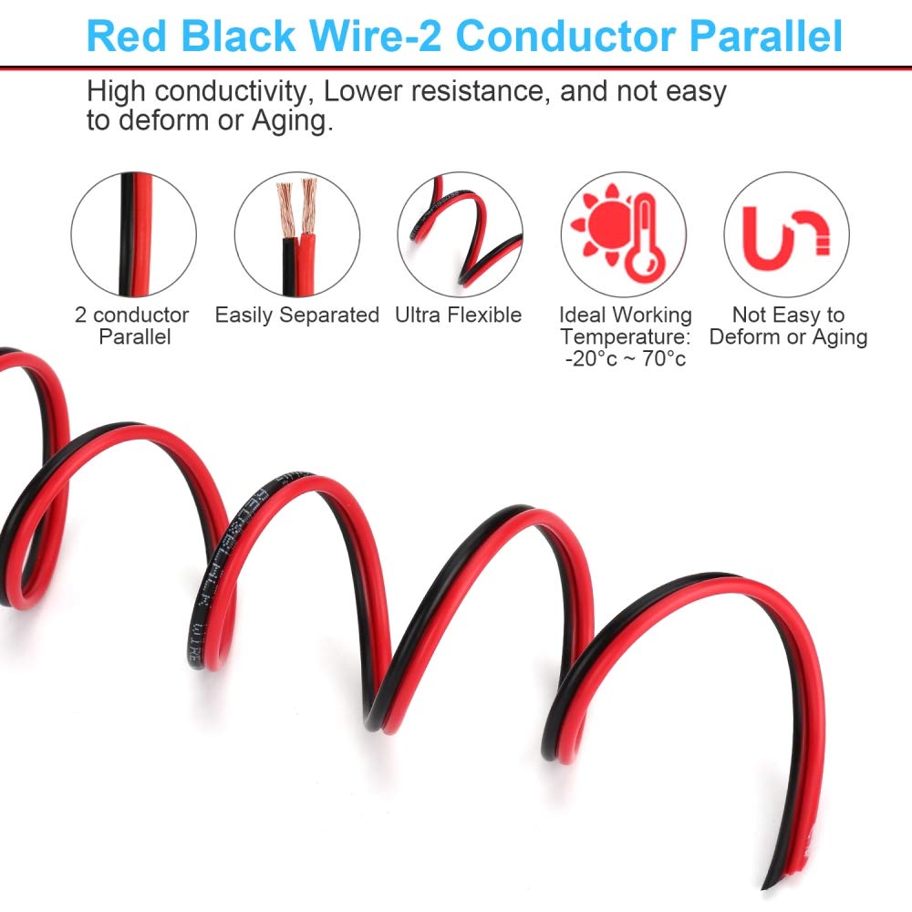 AOTORUA 100FT 14/2 Gauge Red Black Cable Hookup Electrical Wire, 14AWG 2 Conductor 2 Color Flexible Parallel Zip Wire LED Strips Extension Cord 12V/24V DC Cable for LED Ribbon Lamp Tape Lighting: Industrial & Scientific