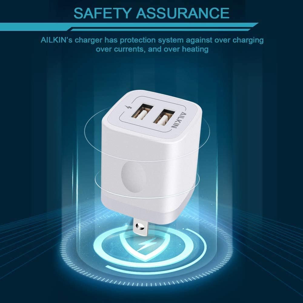 AILKIN USB Plug, Wall Charger Fast Charging Block, Power Adapter Cube 2 Port Charge Travel Brick Cell Quick Chargers Box cargador for iPhone SE, 11Pro Max, Samsung Galaxy, LG, iPad, X, 8, 7,6 Plus