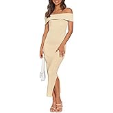MEROKEETY Women's 2025 Off Shoulder Bodycon Midi Dress Summer Spring Formal Elegant Knit Sweater Dresses