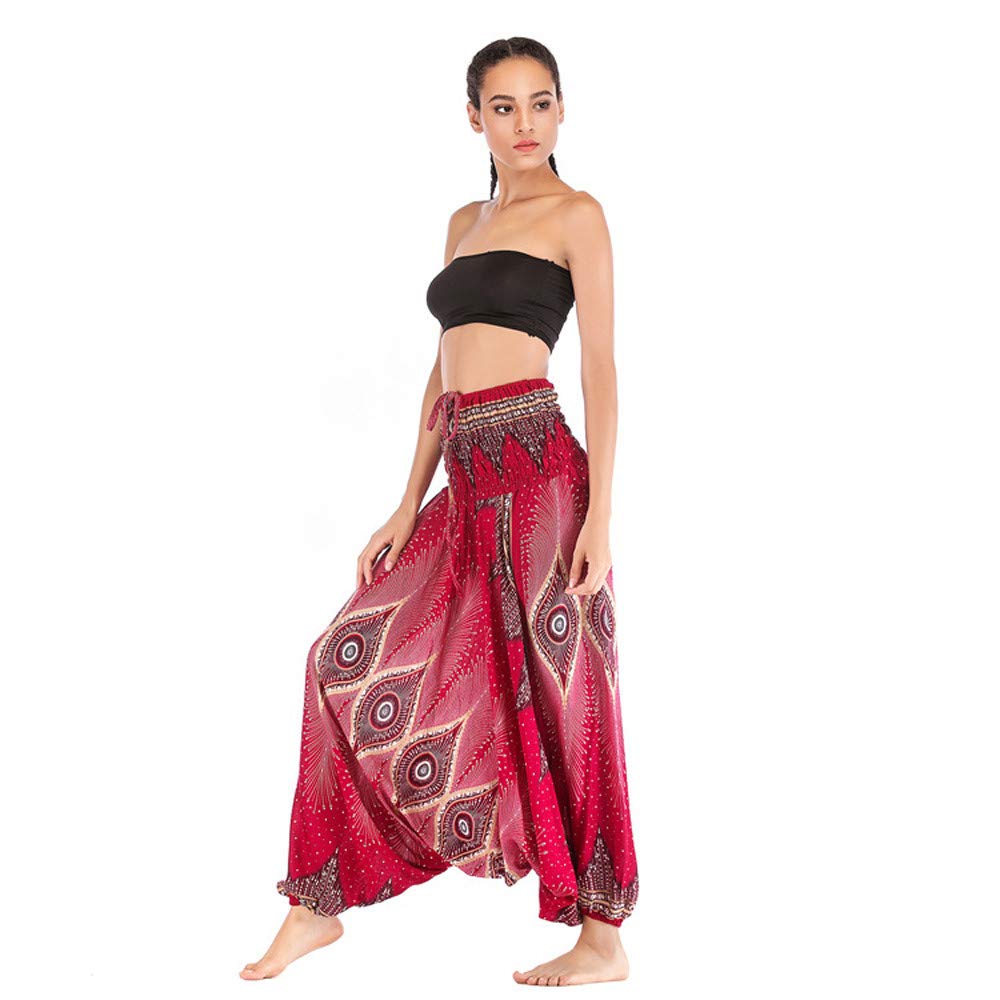 KEEYSUN Men Women Harem Trousers Boho Festival Hippy Smock High Waist Yoga Pants Wine