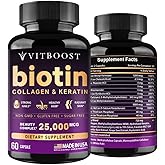 VITBOOST Biotin with Hyaluronic Acid, Collagen and Keratin – 25000 mcg Hair Growth Vitamins for Men and Women – Nails and Skin, USA Made - Third Party Tested, B1, B2, B3, B6, B7 Complex - 60 Capsules