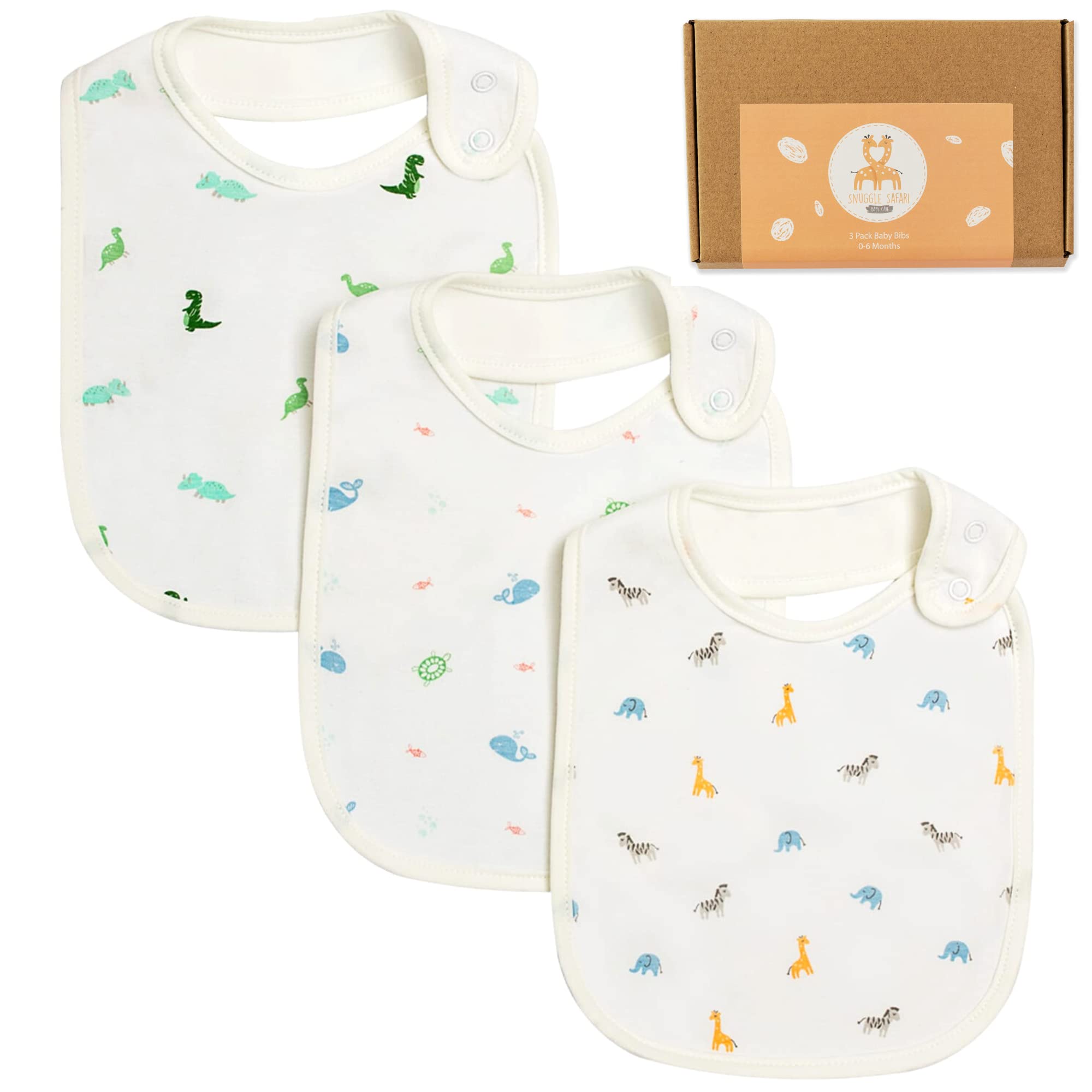 Snuggle Safari Baby Care 3 Pack Bamboo Baby Bibs - Soft, Absorbent, Waterproof, Adjustable, Animal Pattern Bibs for Babies - Newborn Essentials, Baby Shower Gifts, Unisex, White