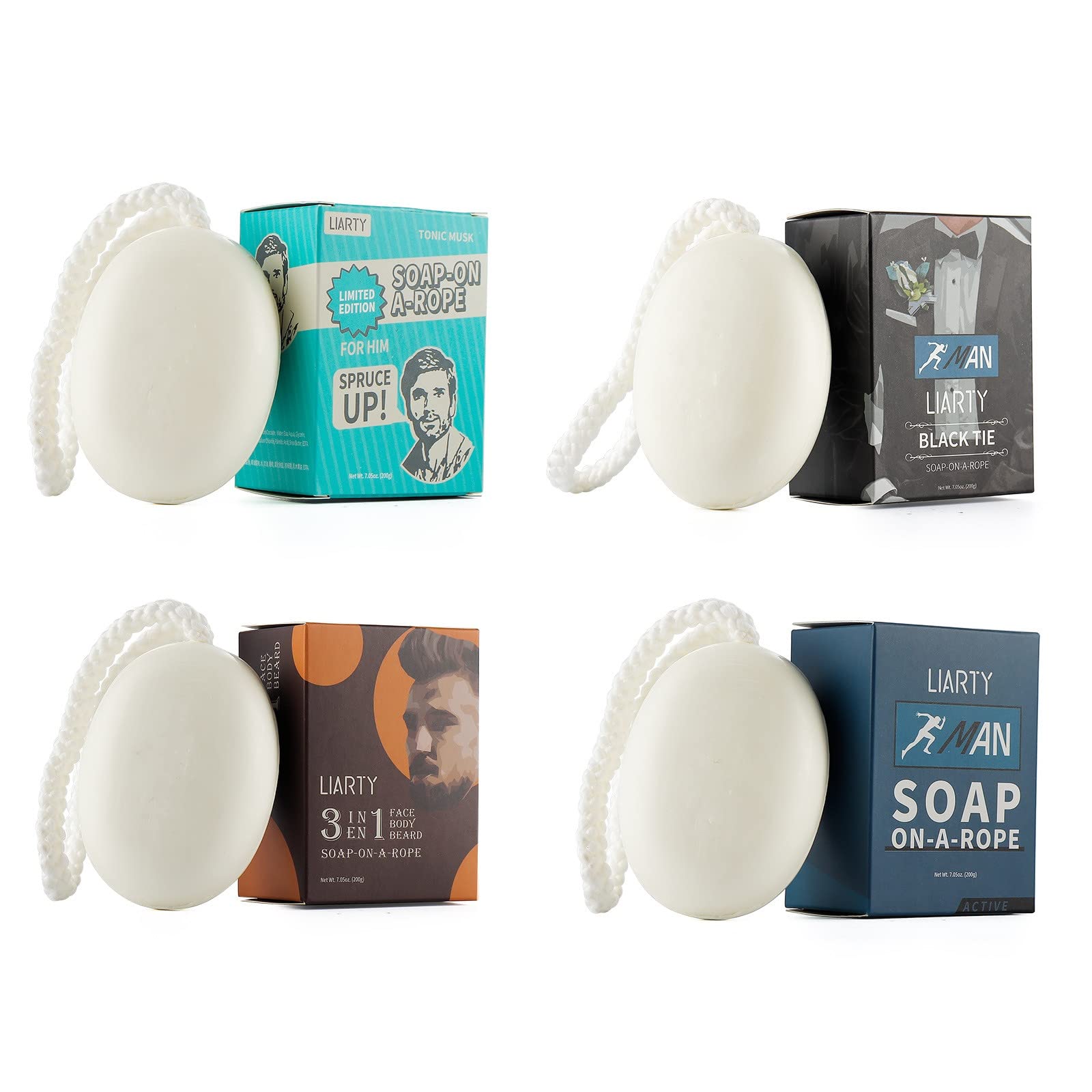 LIARTY 4 Pcs Natural Soap for Men, Soap on a Rope Organic Bath Bar Bundle Face Soap Men's Body Soap Pack for All Skin Types, 8.46 Oz each